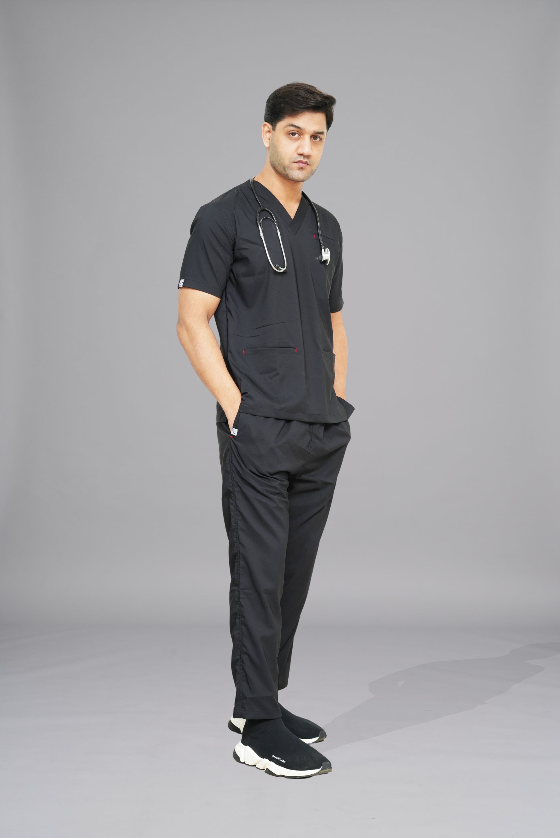 Buy Flexi Care Edge Line™ black scrubs for unisex in Pakistan by Gtex Apparels, comfortable workwear for daily use 3