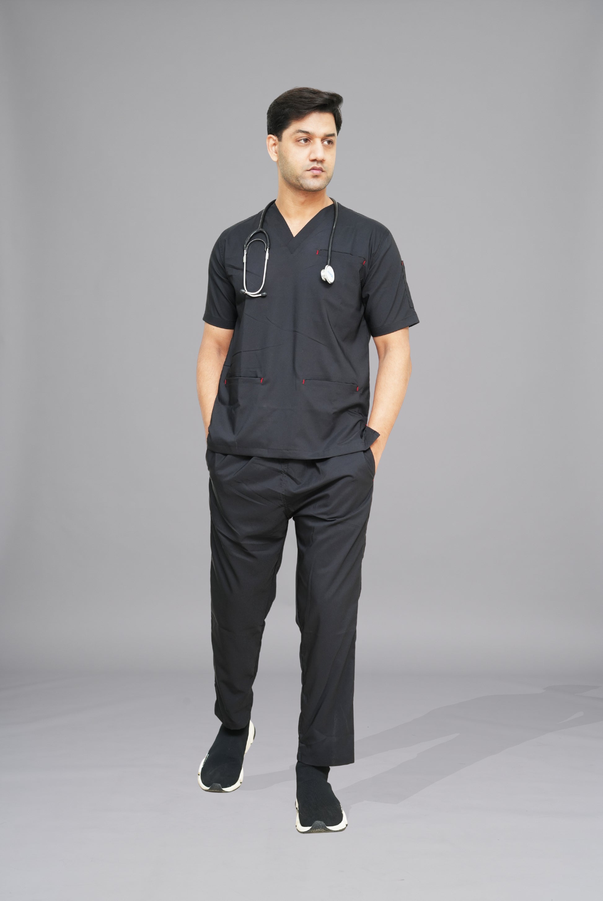Buy Flexi Care Edge Line™ black scrubs for unisex in Pakistan by Gtex Apparels, comfortable workwear for daily use 4
