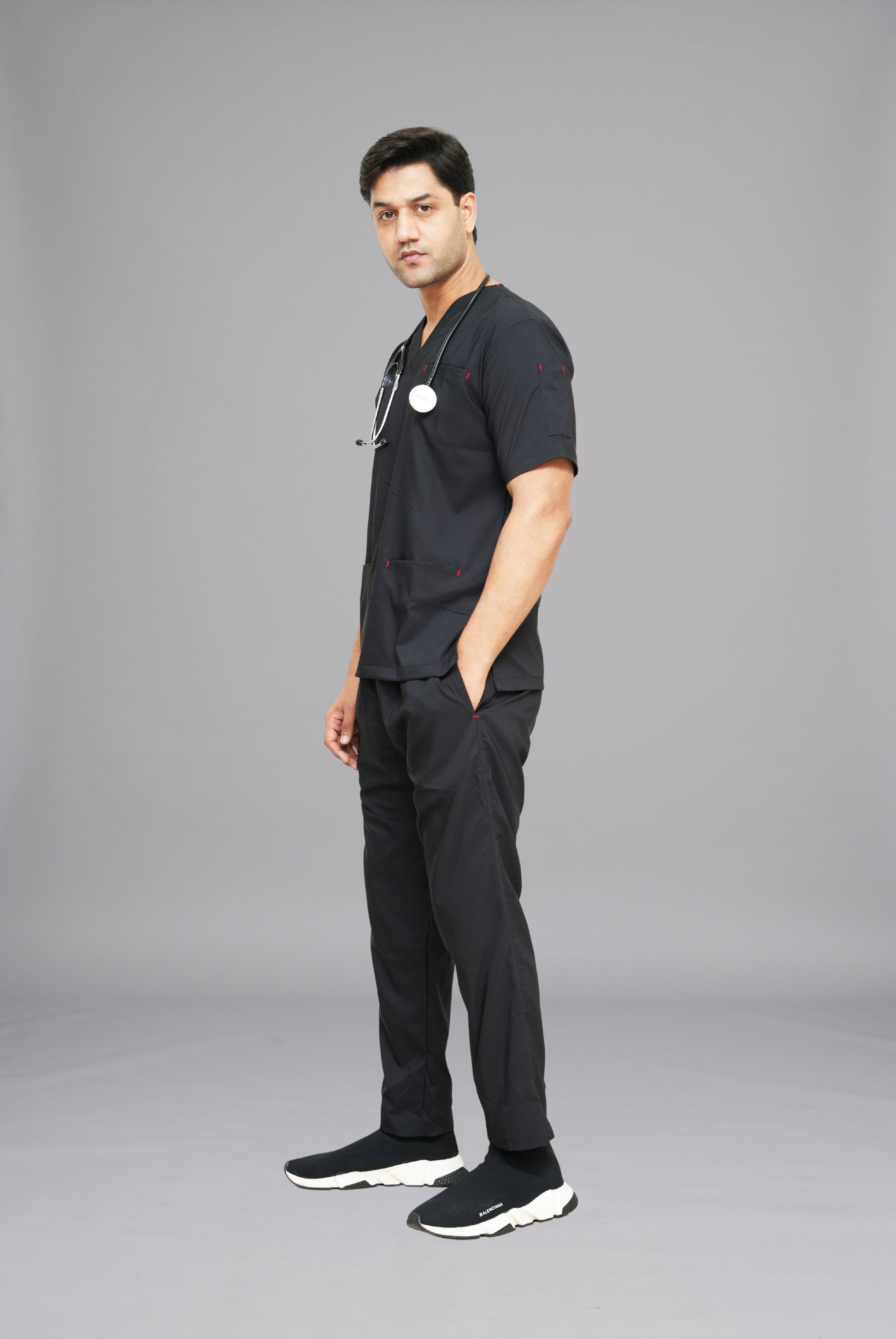 Buy Flexi Care Edge Line™ black scrubs for unisex in Pakistan by Gtex Apparels, comfortable workwear for daily use 5