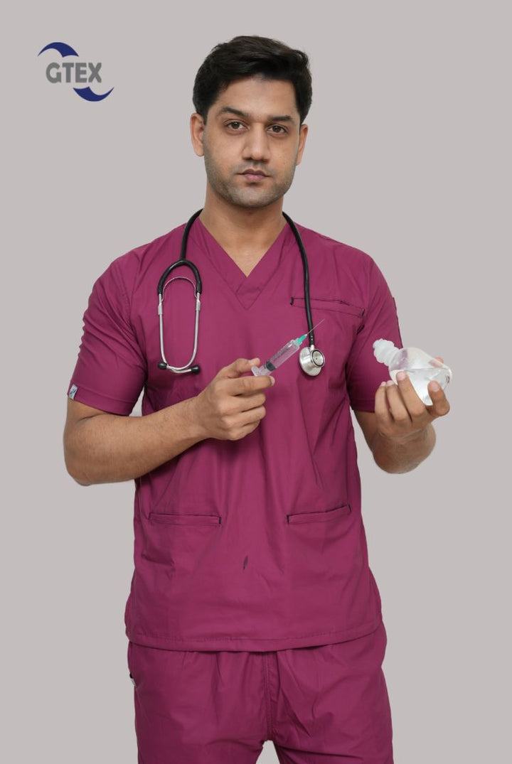 Flexi Care Edge Line™ Bright Maroon Scrub Suit for Unisex by GTEX Apparels