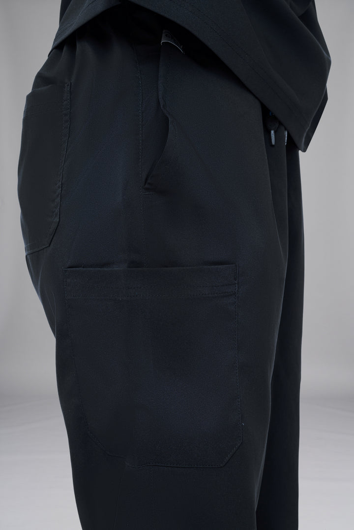 Premium Notch Pro Black Unisex Cotton Lycra Scrub with V-Neck, Straight Fit, One Upper Pocket, Shoulder Pocket and Multiple Trouser Pockets 4