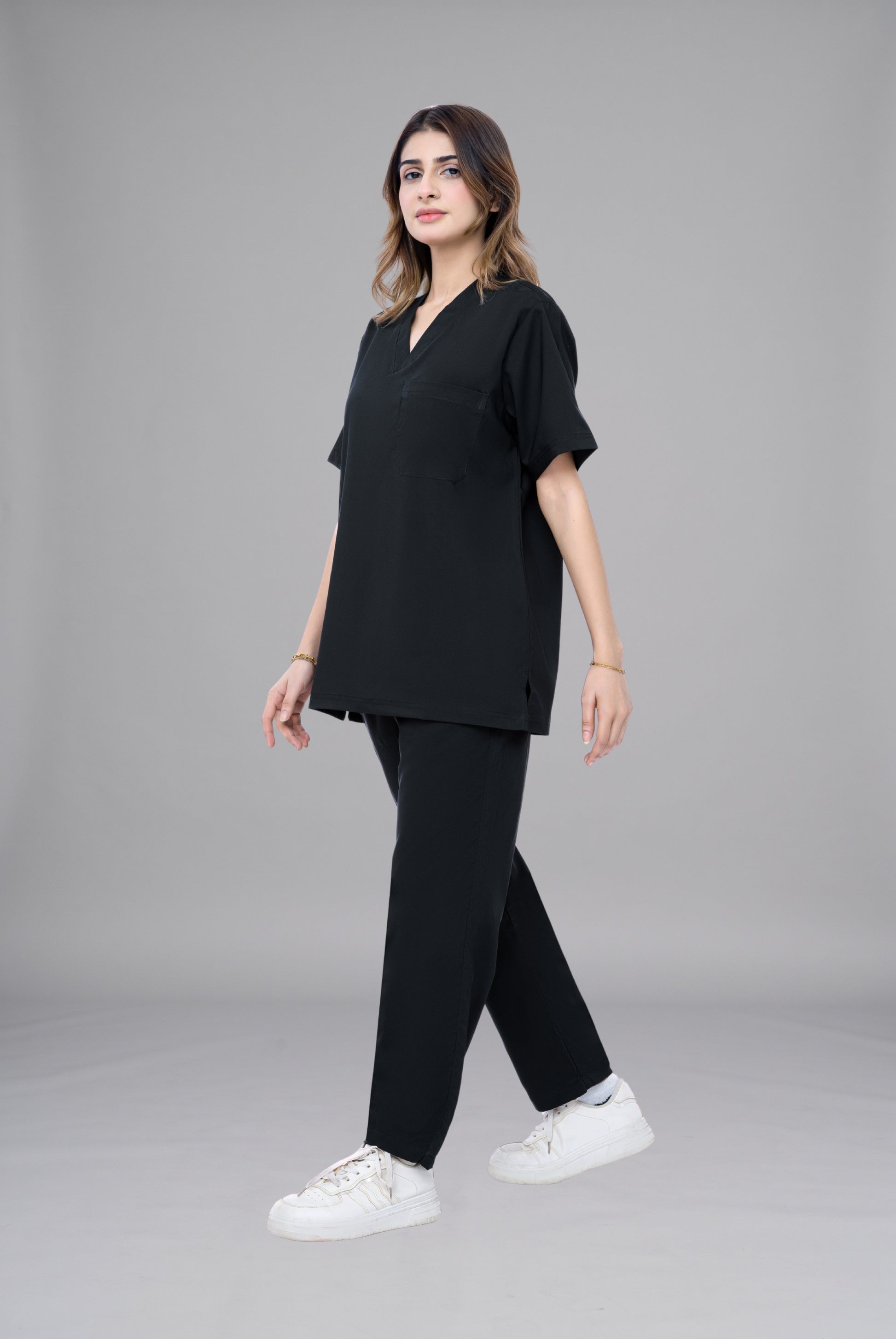 Buy Premium Notch™ Pro black scrub wrinkle free edition in Pakistan by Gtex Apparels designed for comfortable daily professional use in healthcare environments  2