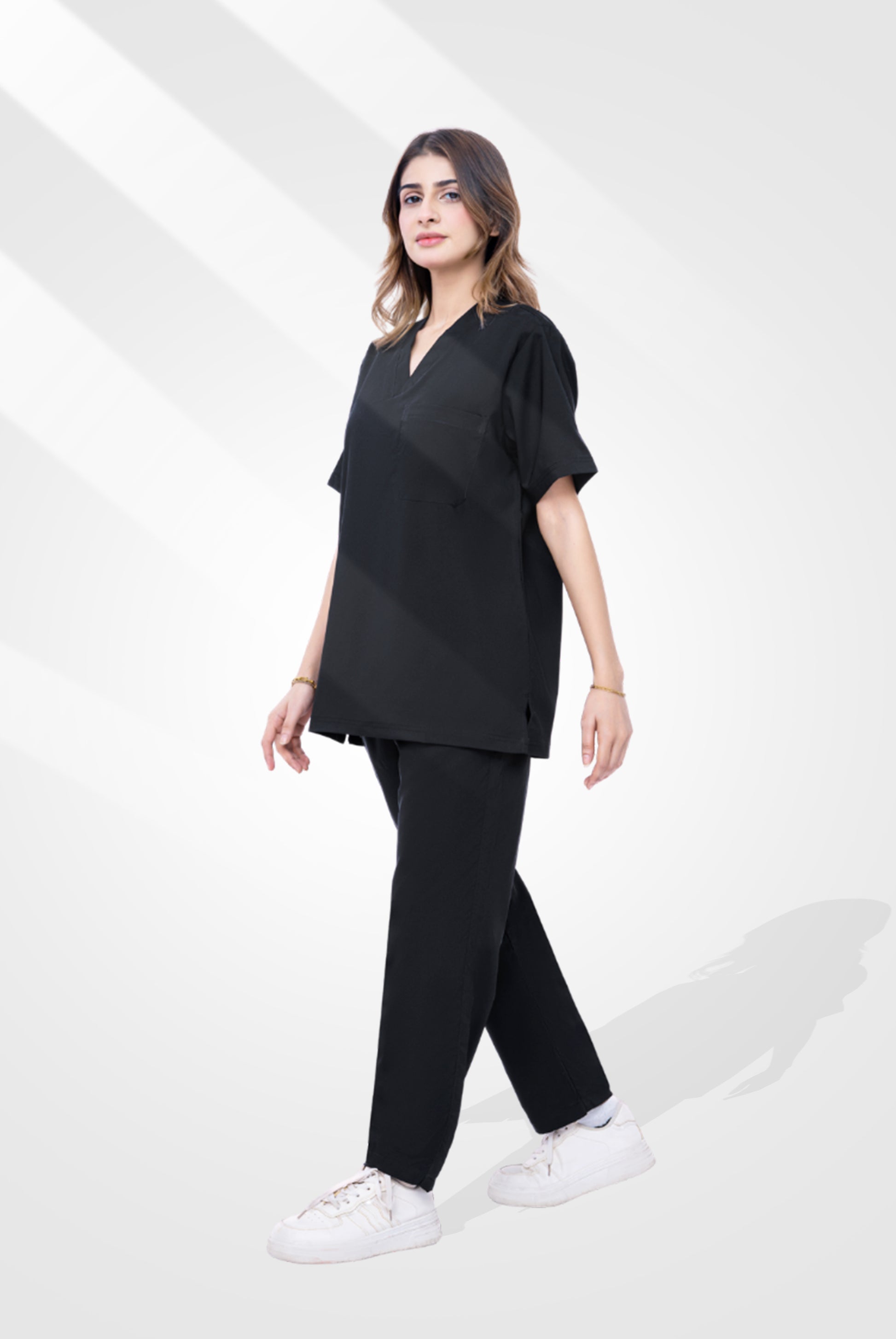 Buy Premium Notch™ Pro black scrub wrinkle free edition in Pakistan by Gtex Apparels designed for comfortable daily professional use in healthcare environments 2