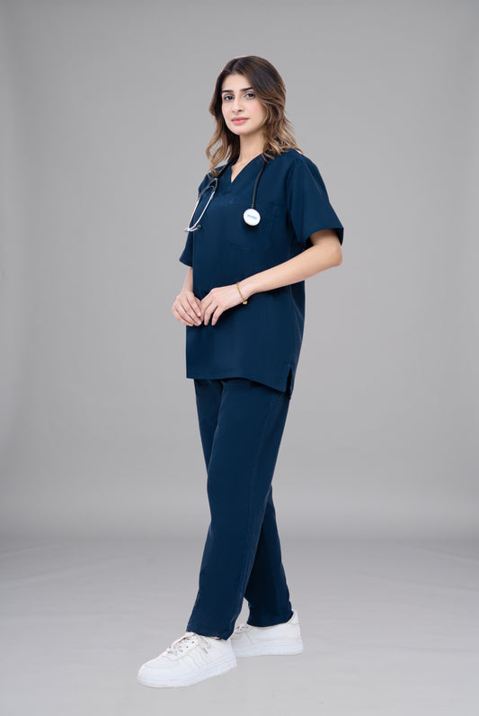 Buy Premium Notch™ Pro dark navy scrub wrinkle free edition in Pakistan by Gtex Apparels designed for comfortable daily professional use in healthcare environments 1