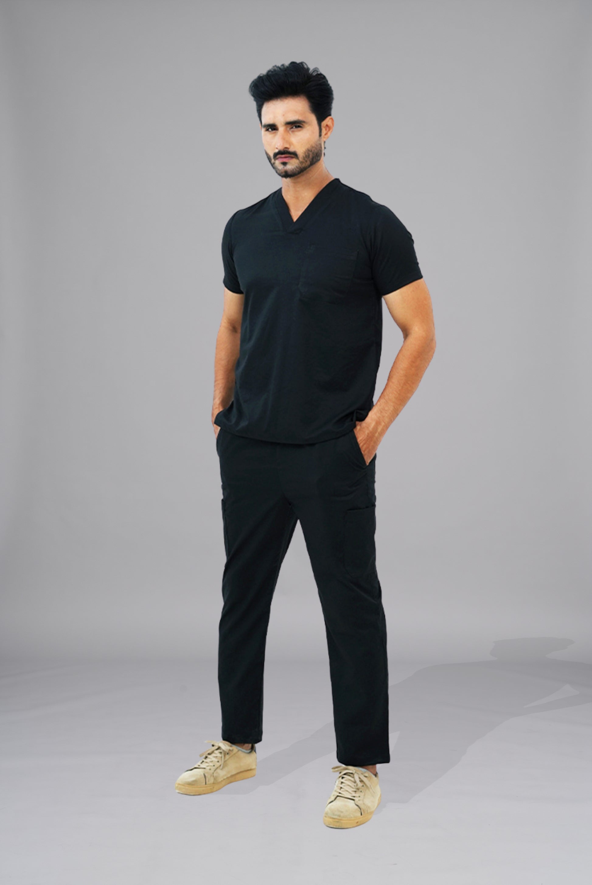 Premium Notch Pro black scrub by Gtex Apparels in Pakistan designed for practical healthcare work environments 2