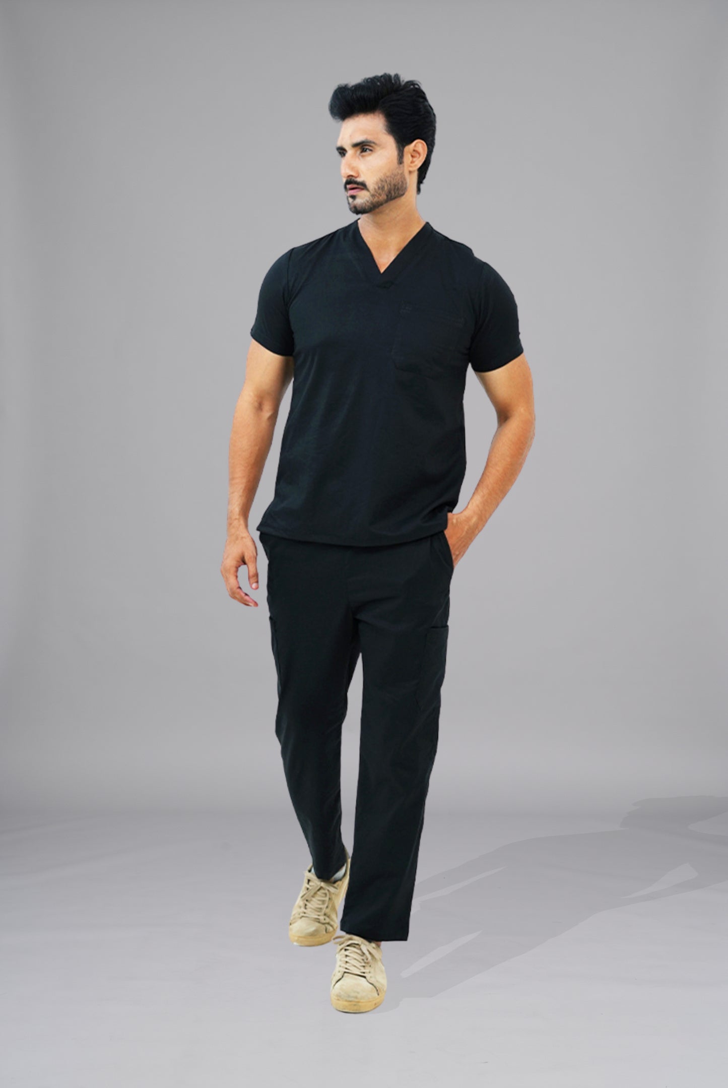 Premium Notch Pro black scrub by Gtex Apparels in Pakistan, designed for practical healthcare work environments 4