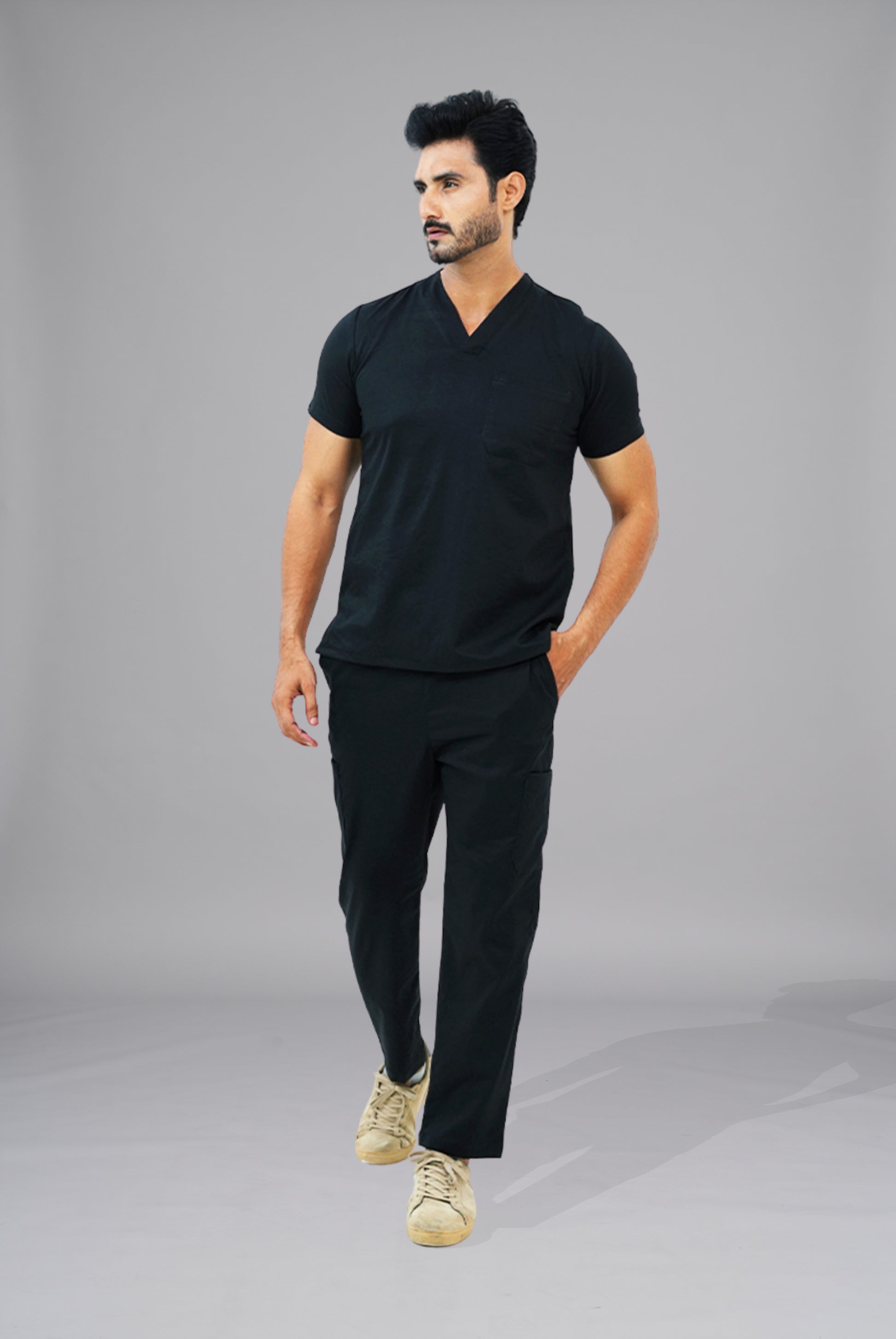 Premium Notch Pro black scrub by Gtex Apparels in Pakistan, designed for practical healthcare work environments 4