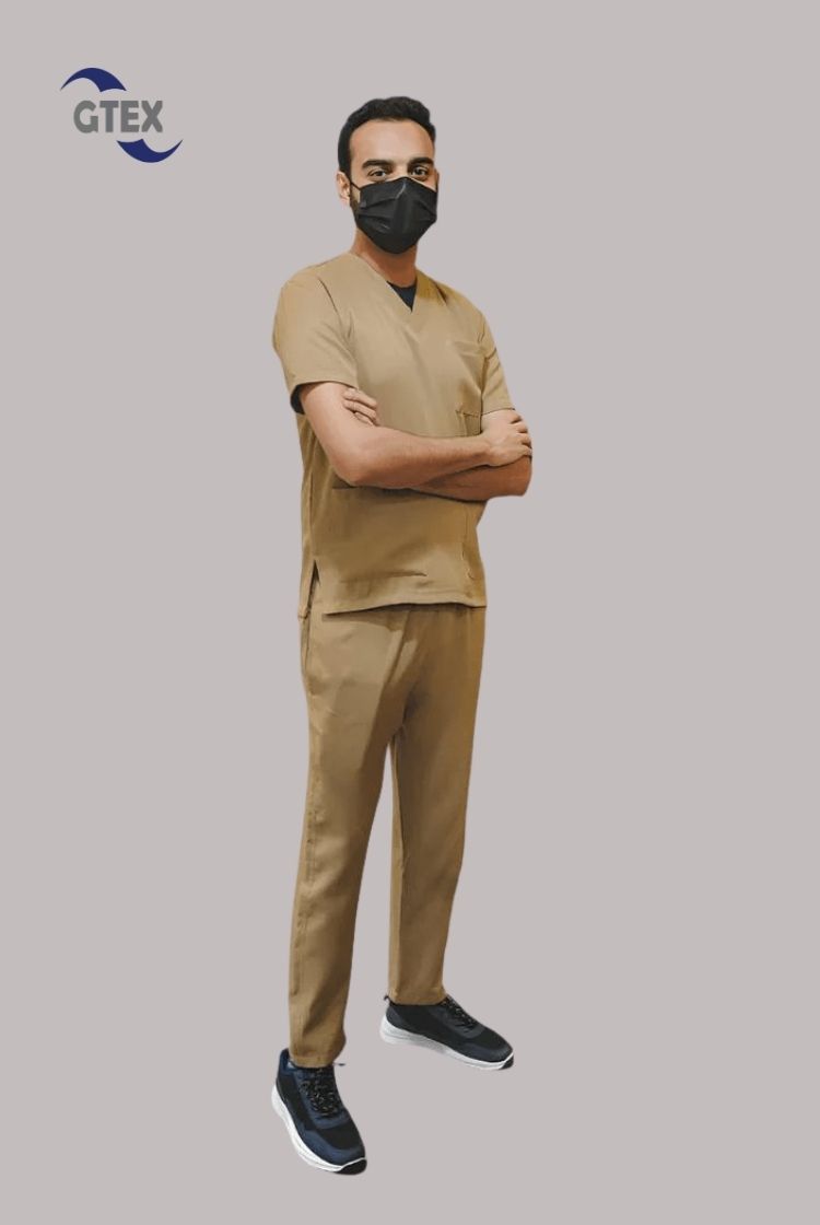 V-Neck Beige Scrub Suit for Unisex By GTEX Apparels Pakistan