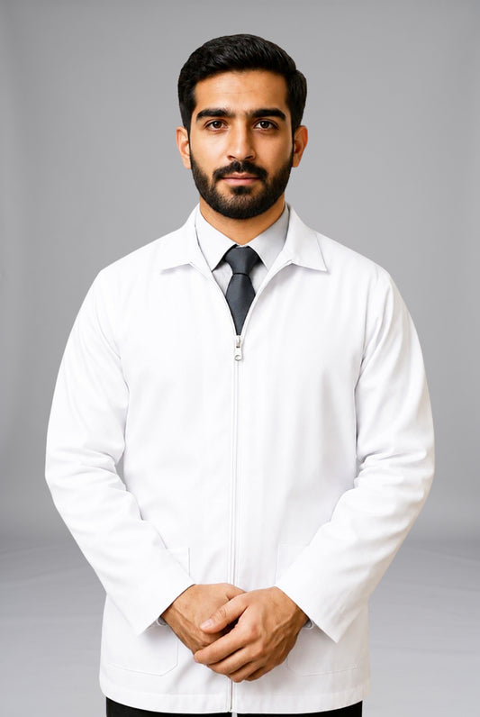 Zipper Lab Coat for Unisex | GTEX Apparels Pakistan – Professional White Medical Lab Coat with Comfortable Fit for Doctors, Nurses, Researchers, Healthcare Workers and Laboratory Staff 1